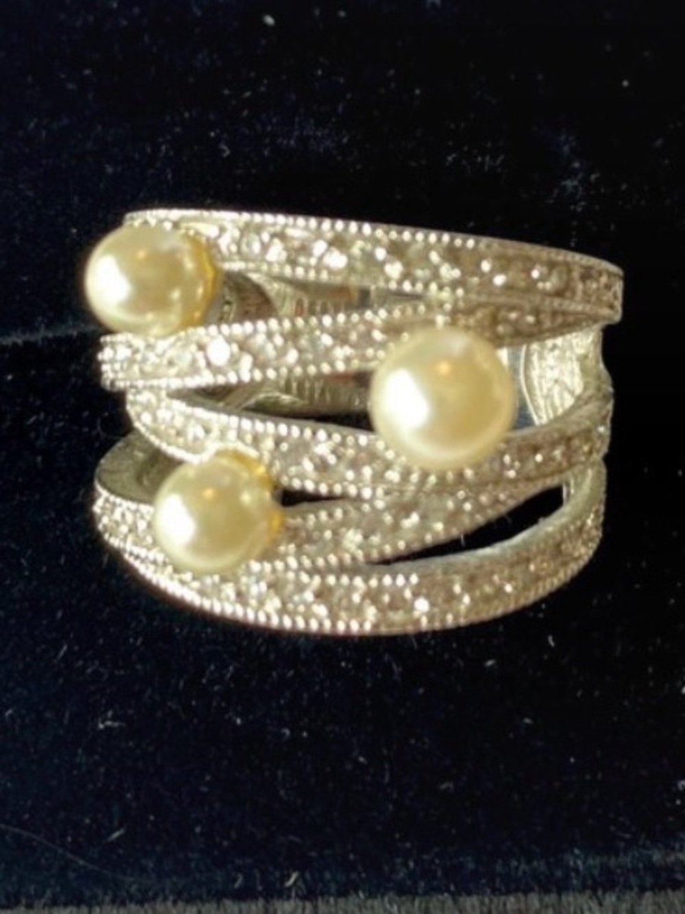 Premier Designs Pavė & Pearl Multi-Band Crossover Cocktail Ring - Sz. 7